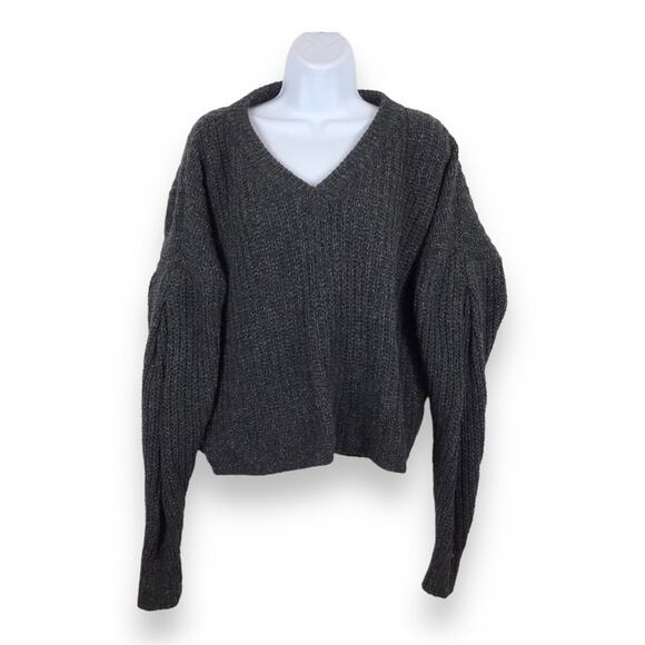 MADEWELL Chunky Knit Puff Sleeve Grey V-Neck Sweater size M - Picture 1 of 6
